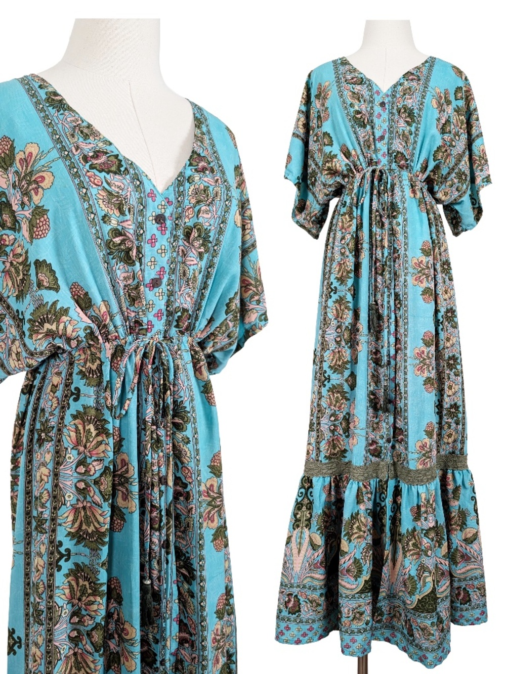 Anthropologie Boemo Maxi Kimono-Style Dress Bohemian Size Large Turquoise